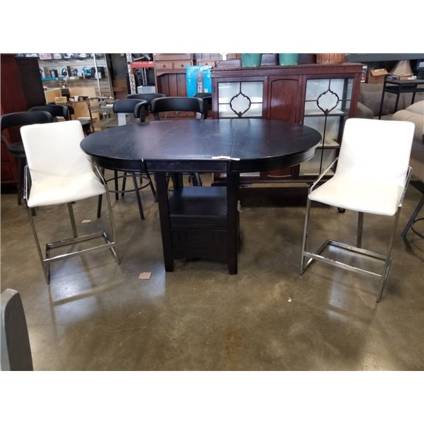 NEW HOME ELEGANCE PUB HEIGHT TABLE AND 2 NEW WHITE LEATHER AND CHROME STOOLS - RETAIL $1899