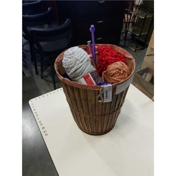 WICKER BASKET OF YARN AND SEWING SUPPLIES