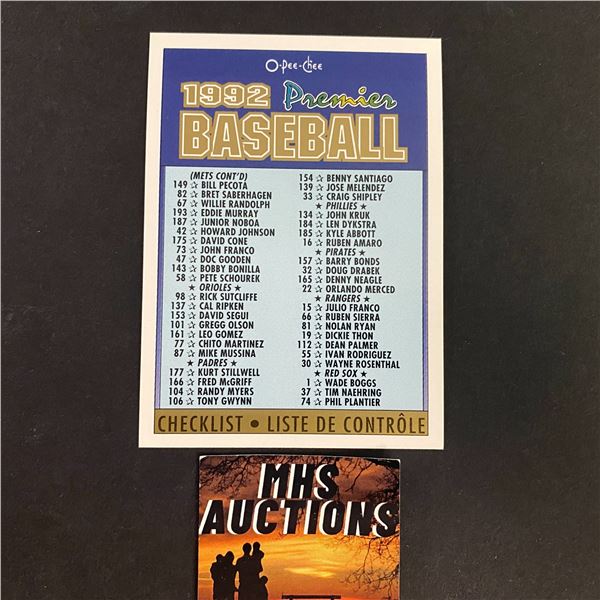 1992 O PEE CHEE PREMIER BASEBALL CHECKLIST UNMARKED (ref119)