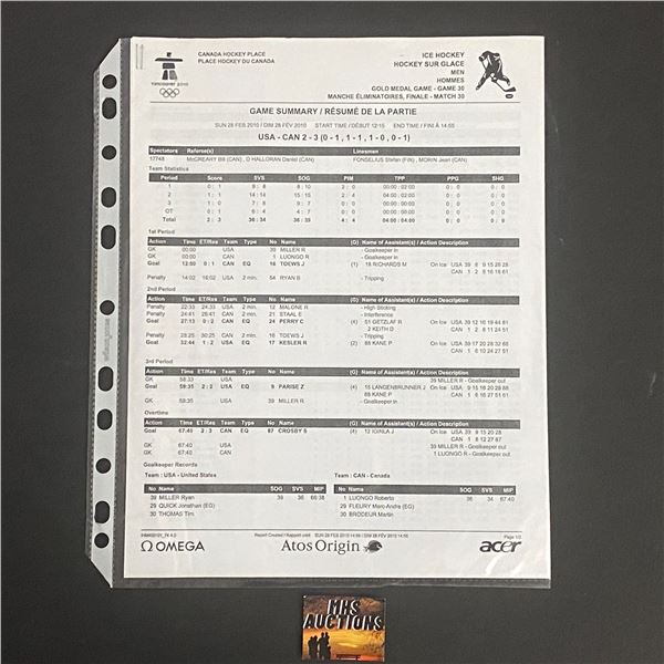 VANCOUVER OLYMPICS 2010 RARE GAME SUMMARY SHEET FROM THE MENS GOLD MEDAL GAME