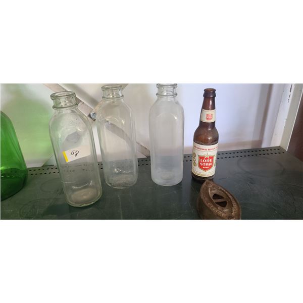 THREE MILK BOTTLES AND ANTIQUE IRON