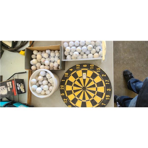 LARGE LOT OF GOLF BALLS 150+/- PLUS DART BOARD