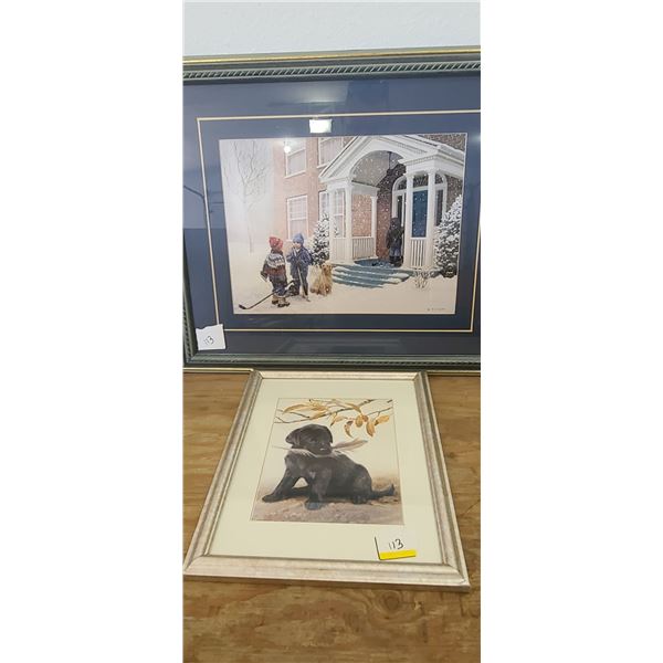 TWO FRAMED DOG AND LANDSCAPE PRINT