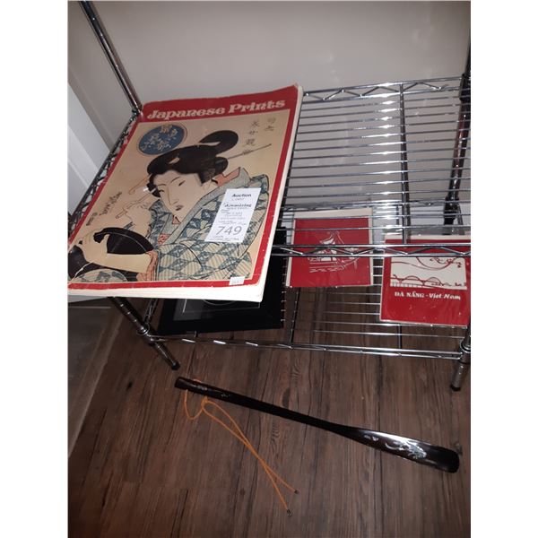 Book of prints, framed needle point cat A