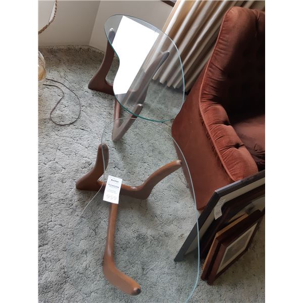 Kidney Shaped Glass & Wood End Tables Cat C