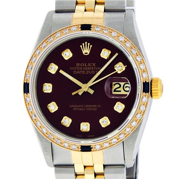 Rolex Mens 2 Tone Maroon VS Diamond & Sapphire 36 Datejust Wriswatch