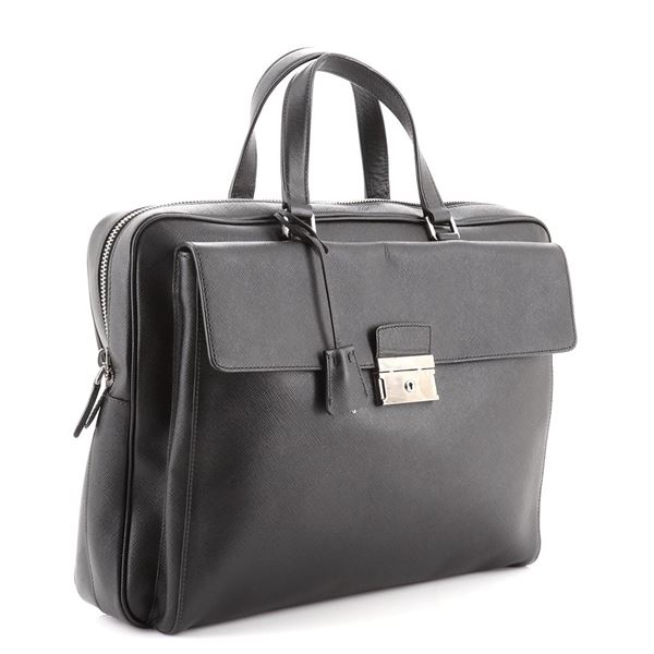 Prada Front Pocket Briefcase Saffiano Leather Black