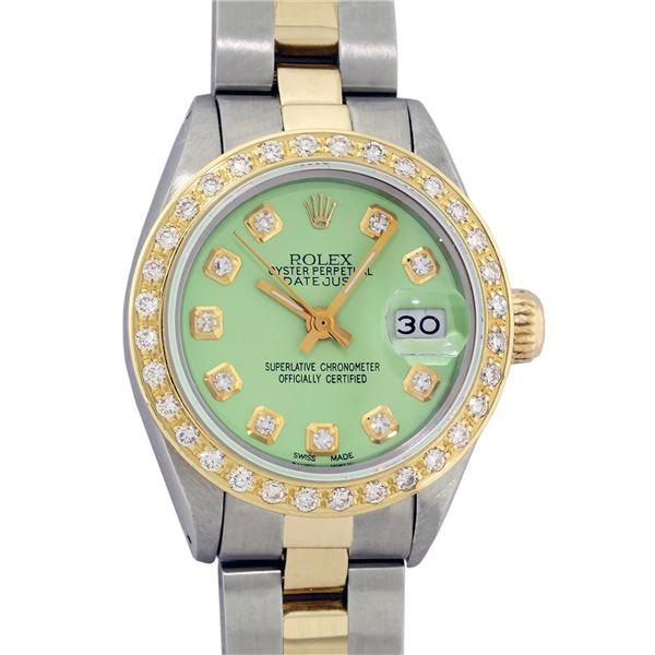 Rolex Ladies 2T Green Diamond Datejust Wristwatch With Oyster Band