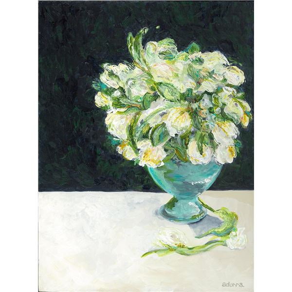 White tulips in a teal vase by Adonna