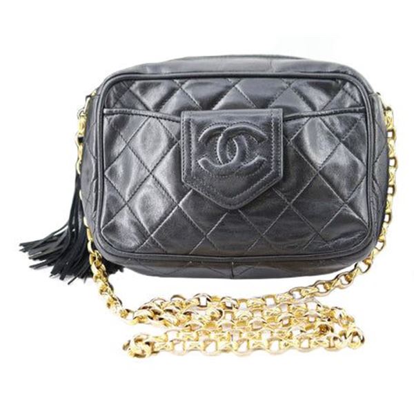 Chanel Black Quilted Lambskin Leather Matelasse Fringe Tassel Chain Crossbody Ba