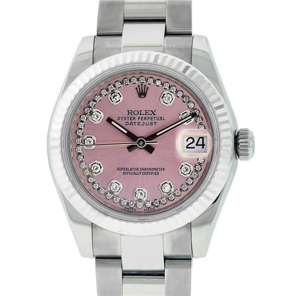 Rolex Womens Midsize 31mm Pink String Diamond Datejust Wristwatch