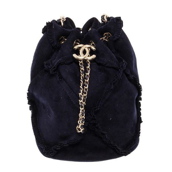 Chanel Navy Blue Suede Fringed CC Drawstring Bucket Bag