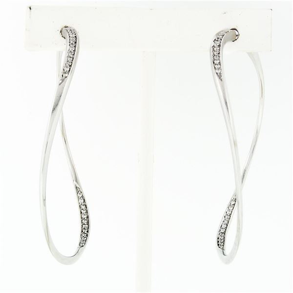 Italian 18K White Gold 0.25 ctw Round Diamond 50mm Large Wavy Modern Hoop Earrin