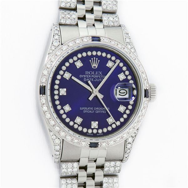 Rolex Mens Stainless Steel Blue String Diamond & Sapphire Datejust Wristwatch