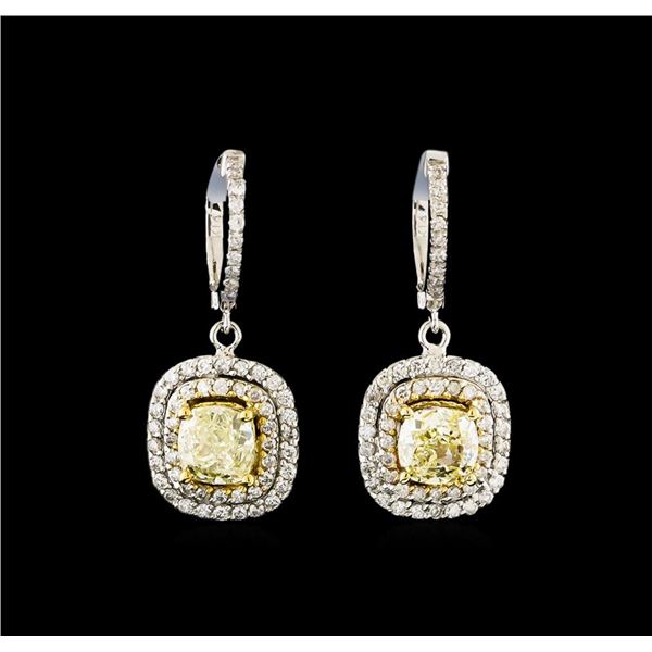 4.08 ctw Fancy Yellow Diamond Earrings - 14KT White and Yellow Gold