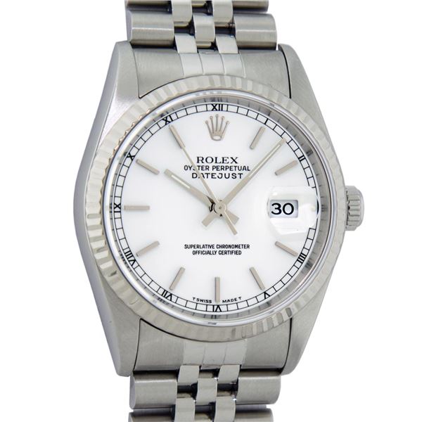 Rolex Mens White Index White Gold Fluted Bezel Datejust Wristwatch