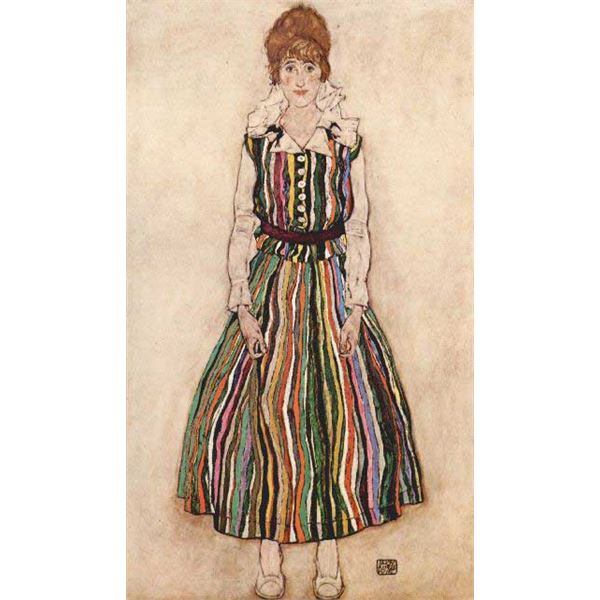 Egon Schiele - Portrait Of Edith Egon Schiele In A Striped Dress