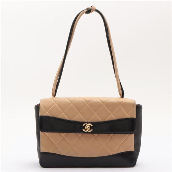 Chanel Beige Black Quilted Lambskin Leather CC Bicolor Flap Shoulder Bag