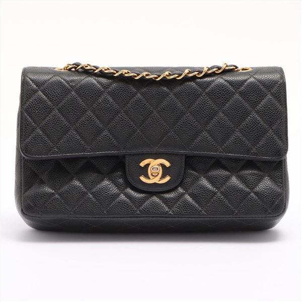 Chanel Classic Black Quilted Caviar Leather CC Double Flap Medium Shoulder Bag