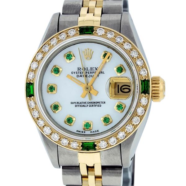 Rolex Ladies 2 Tone Mother Of Pearl & Emerald 26MM Datejust Wristwatch