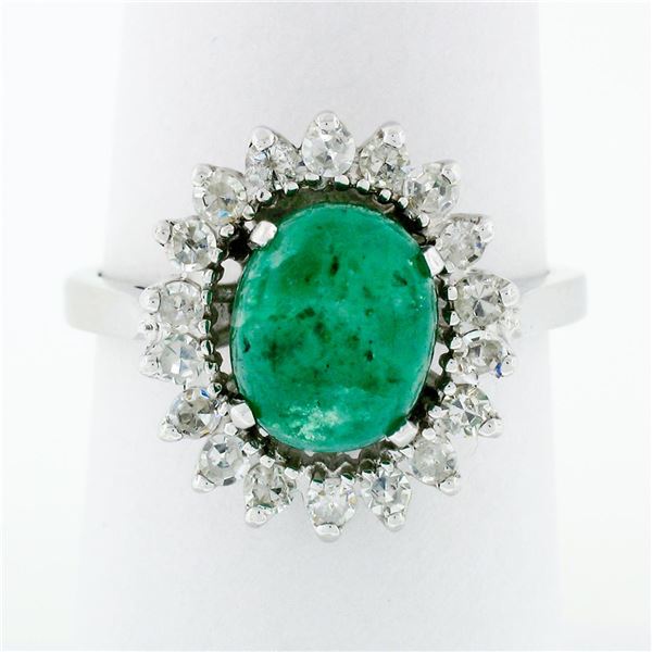 Vintage 14k White Gold 2.89 ctw Oval Cabochon Emerald Diamond Halo Flower Ring