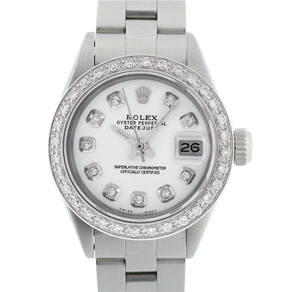 Rolex Ladies Stainless Steel White Diamond 18K Gold Bezel Datejust Wristwatch