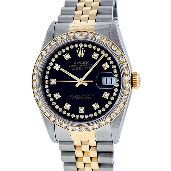 Rolex Mens 2 Tone Black String VS Diamond Datejust Wristwatch