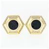 Image 1 : Vintage Large 18k Gold Black Onyx Intaglio .75 ctw Round Diamond Hexagon Earring