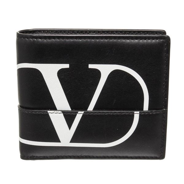 Valentino Black Leather Logo Print Bifold Wallet