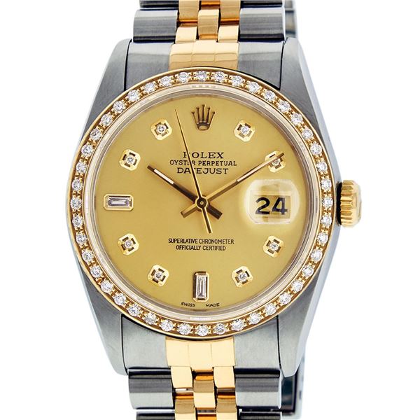 Rolex Mens 2 Tone Champagne Diamond 36MM Oyster Perpetual Datejust Wristwatch