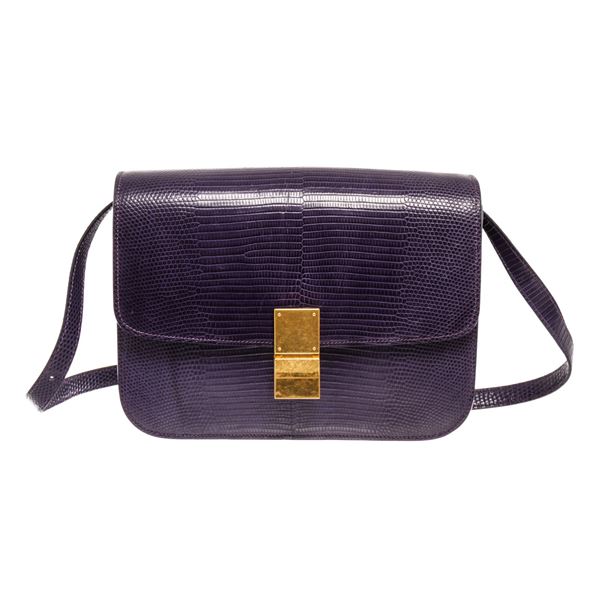 Celine Purple Lizard Skin Leather Medium Box Shoulder Bag