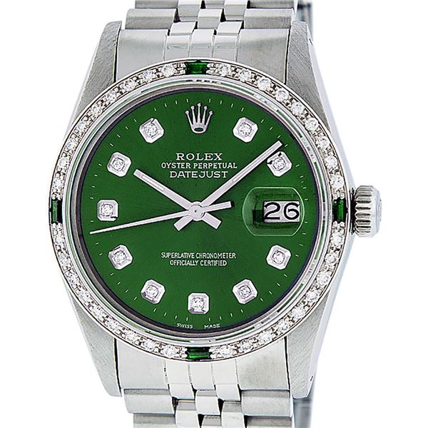 Rolex Mens Stainless Steel Green Vignette Diamond Datejust Wristwatch