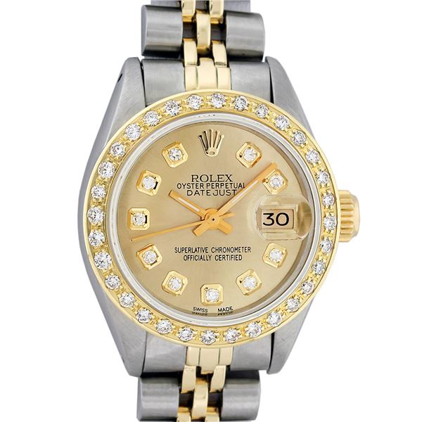 Rolex Ladies 2T Champagne Diamond Beadset Datejust Wristwatch