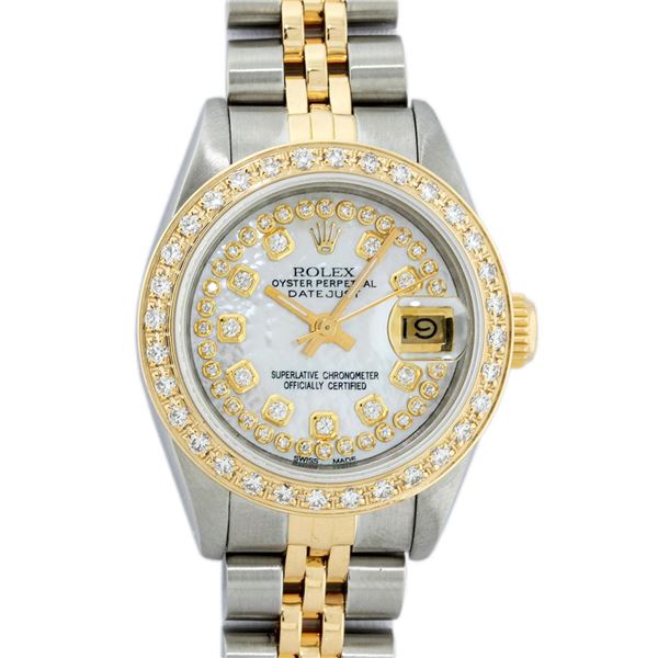 Rolex Ladies 2 Tone MOP String Diamond Oyster Perpetual Datejust Wristwatch With