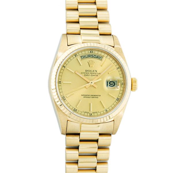 Rolex Mens 18K Yellow Gold Champagne Index Quickset President Wristwatch