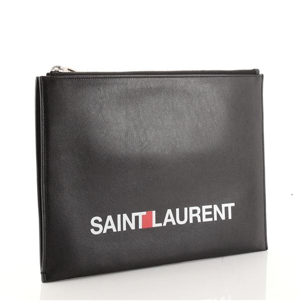 Saint Laurent Black Printed Leather Logo Zip Medium Clutch