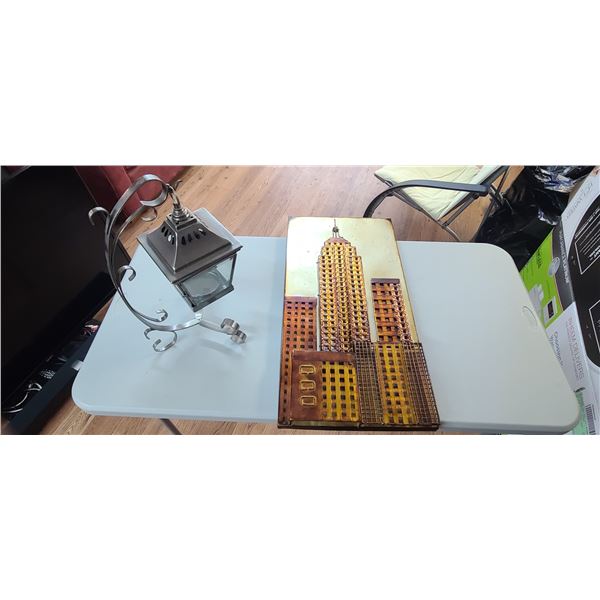 CANDLE HOLDER AND EMPIRE STATE BUIDING TIN ARTWORK