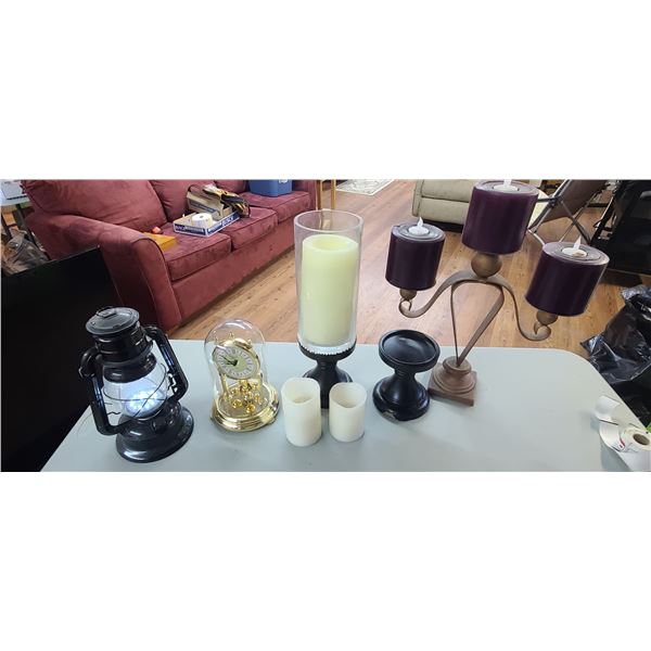 LED LANTERN/QUARTZ WEST GERMANY CLOCK (GLASS AND PLASTIC) PLUS TWO LARGE CANDLE HOLDERS