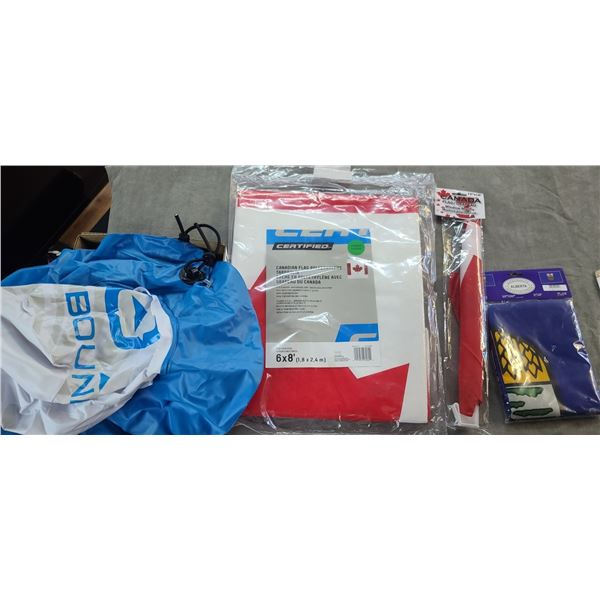 CANADIAN FLAG TARPAULIN 6' X 8'. ALBERTA FLAG 3' X 5', AND CANADA CAR FLAGS