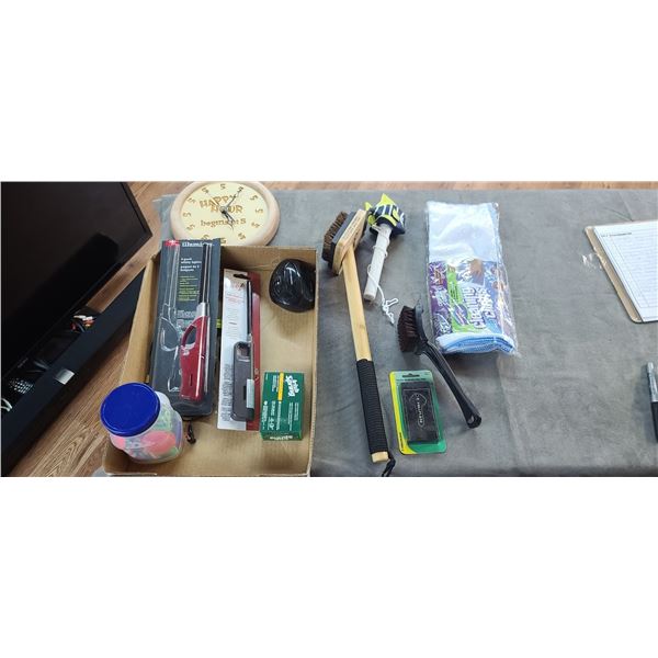 BBQ BRUSHES/LIGHTER, FISH THERMOMETER FOR POOL, HAPPY HOUR CLOCK