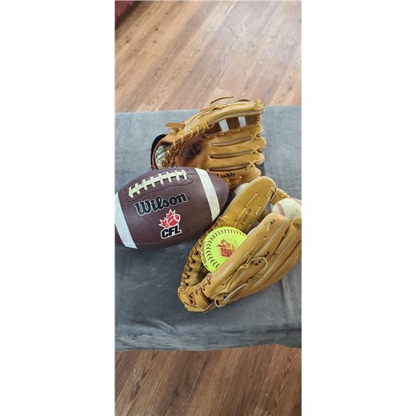 TWO LOISVILLE SLUGGER MITTS AND BALLS, CFL BALL