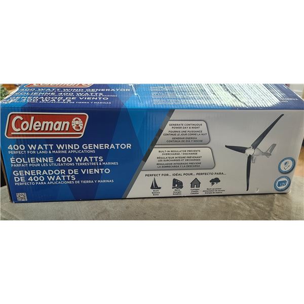 COLEMAN 400W WIND GENERATOR - LAND AND MARINE APPLICATIONS. 120V TURBINE - NEW IN BOX. RETAILS AT $5