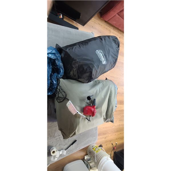 TWO COLEMAN QUEEN DOUBLE HIGH AIR BEDS AND PUMP