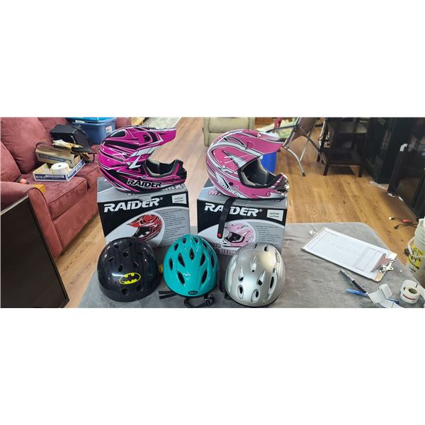 TWO NEW RAIDER YOUTH RUSH MXL AND MX-3 HELMETS AND THREE OTHER HELMETS