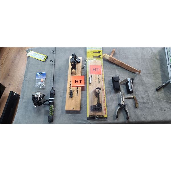 HT HI TECH ICE FISHING ROD NEW WITH TAG AND TWO ICE FISHING HT HOOK SETTERS, RAPLA PLIERS, AND MARTT