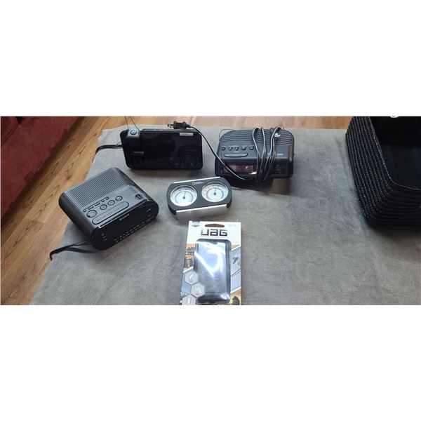 LOT OF ALARM CLOCKS AND ONE THERMOMETER