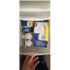 Image 14 : STERILITE STORAGE UNIT WITH MISC HOUSEHOLD ITEMS: LIGHT BULBS, BATTERIES AND SMALL STEP STOOL