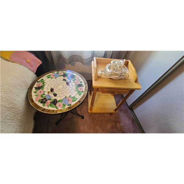 PINE BED SIDE TABLE AND 16" ROUND MOSSAIC TABLE