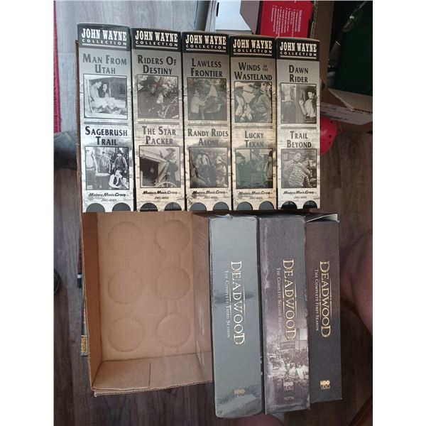 SEASON 1,2,3 OF DEADWOOD DVD'S AND 10 JOHN WAYNE VHS