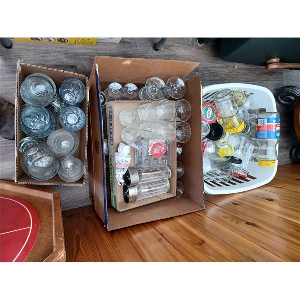 TWO BOXES OF MUGS AND GLASSES AND A HAMPER WITH CANNING JARS